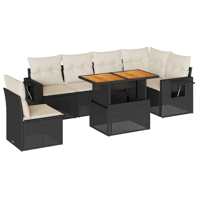 vidaXL 7-Tlg Garten-Sofagarnitur mit Kissen Schwarz Poly Rattan 3327157