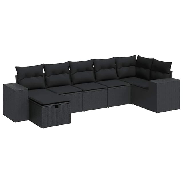 vidaXL 7-Tlg Garten-Sofagarnitur mit Kissen Schwarz Poly Rattan 3325701