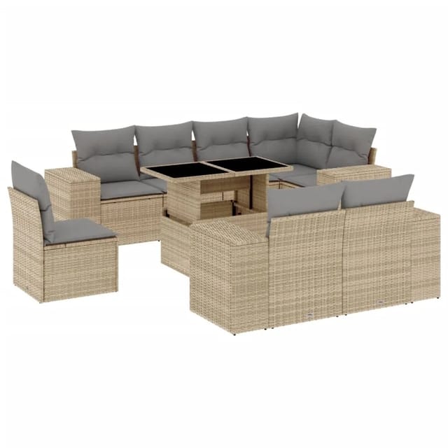 vidaXL 9-Tlg Garten-Sofagarnitur mit Kissen Beige Poly Rattan 3269299