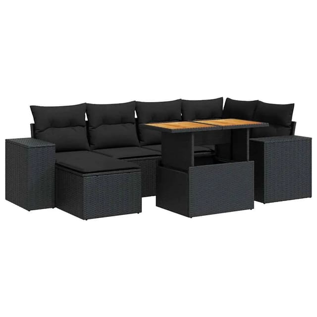 vidaXL 7-Tlg Garten-Sofagarnitur mit Kissen Schwarz Poly Rattan 3327394
