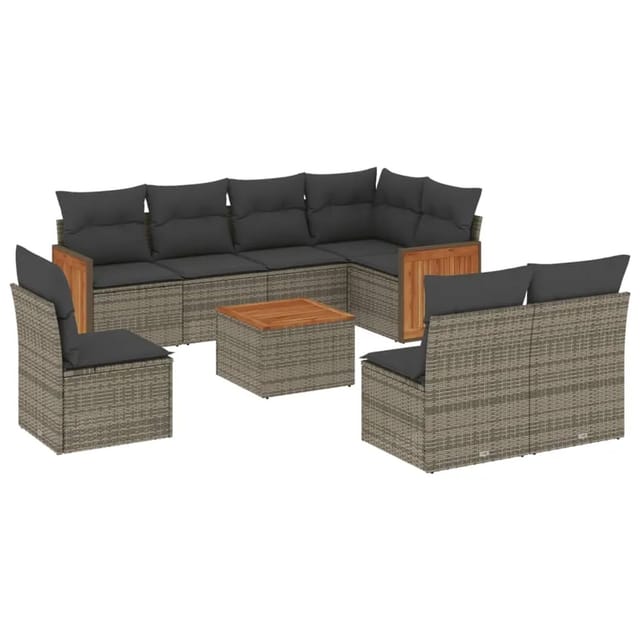 vidaXL 9-Tlg Garten-Sofagarnitur mit Kissen Grau Poly Rattan 3227733