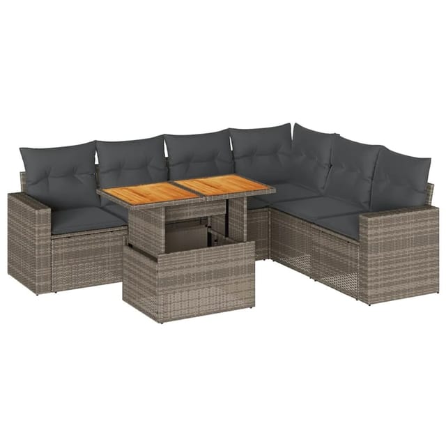 vidaXL 7-Tlg Garten-Sofagarnitur mit Kissen Grau Poly Rattan 3327049