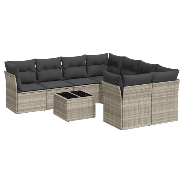 vidaXL 9-Tlg Garten-Sofagarnitur mit Kissen Hellgrau Poly Rattan 3249161