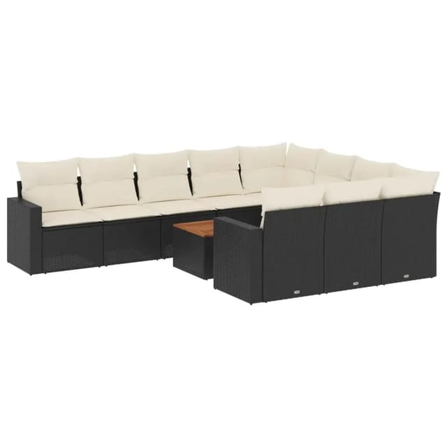 vidaXL 11-Tlg Garten-Sofagarnitur mit Kissen Schwarz Poly Rattan 3256630