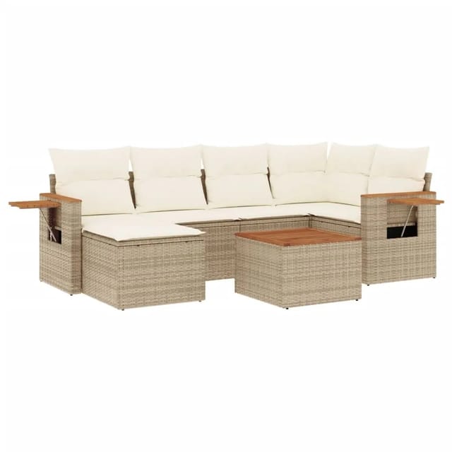 vidaXL 7-Tlg Garten-Sofagarnitur mit Kissen Beige Poly Rattan 3259426