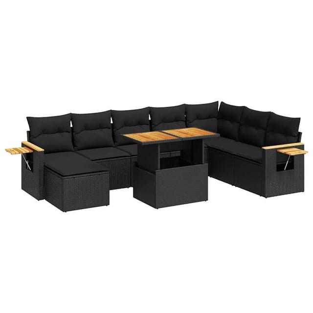 vidaXL 9-Tlg Garten-Sofagarnitur mit Kissen Schwarz Poly Rattan 3327632