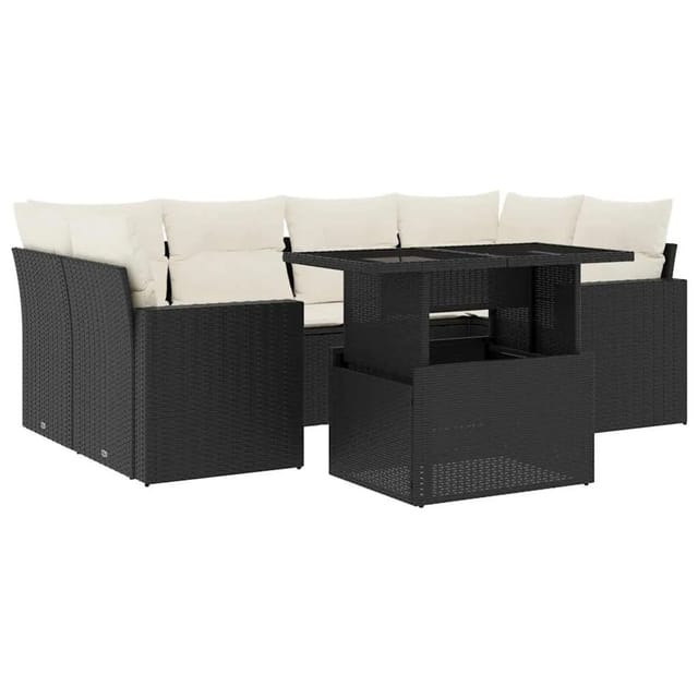vidaXL 7-Tlg Garten-Sofagarnitur mit Kissen Schwarz Poly Rattan 3267126