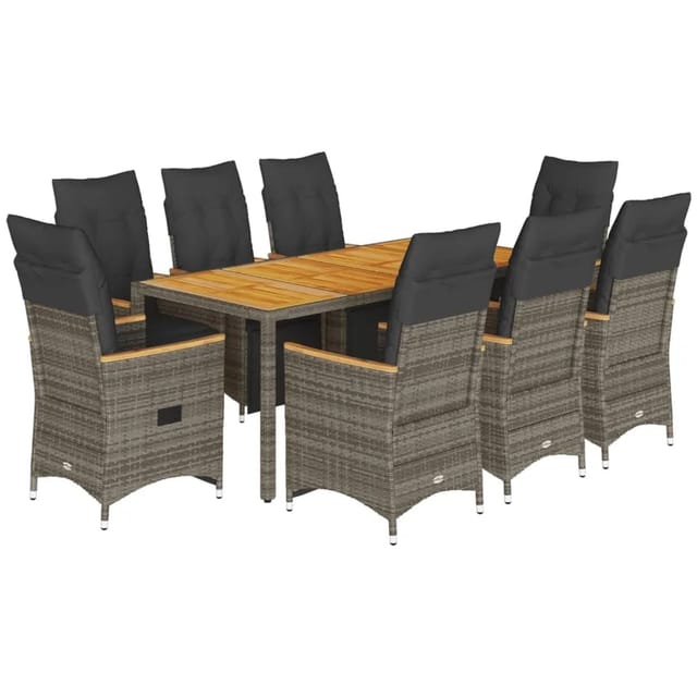 vidaXL 9-Tlg Garten-Bistro-Set mit Kissen Grau Poly Rattan 3276972
