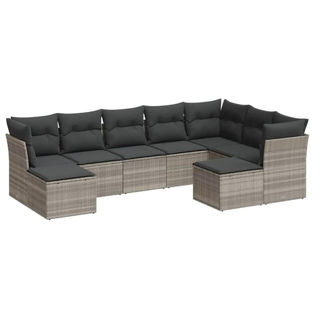vidaXL 9-Tlg Garten-Sofagarnitur mit Kissen Hellgrau Poly Rattan 3218572