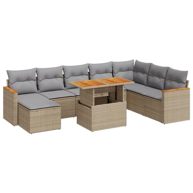 vidaXL 9-Tlg Garten-Sofagarnitur mit Kissen Beige Poly Rattan Akazie 3327524