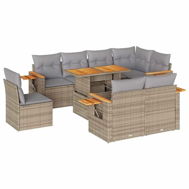 vidaXL 9-Tlg Garten-Sofagarnitur mit Kissen Beige Poly Rattan Akazie 3327615