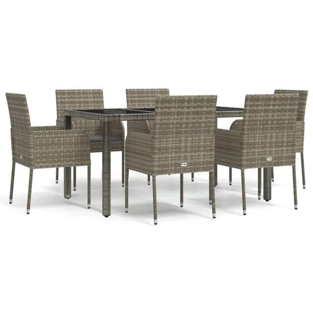 vidaXL 7-Tlg Garten-Essgruppe mit Kissen Grau Poly Rattan 3185008