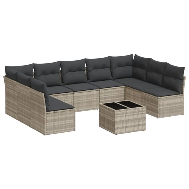 vidaXL 10-Tlg Garten-Sofagarnitur mit Kissen Hellgrau Poly Rattan 3218082