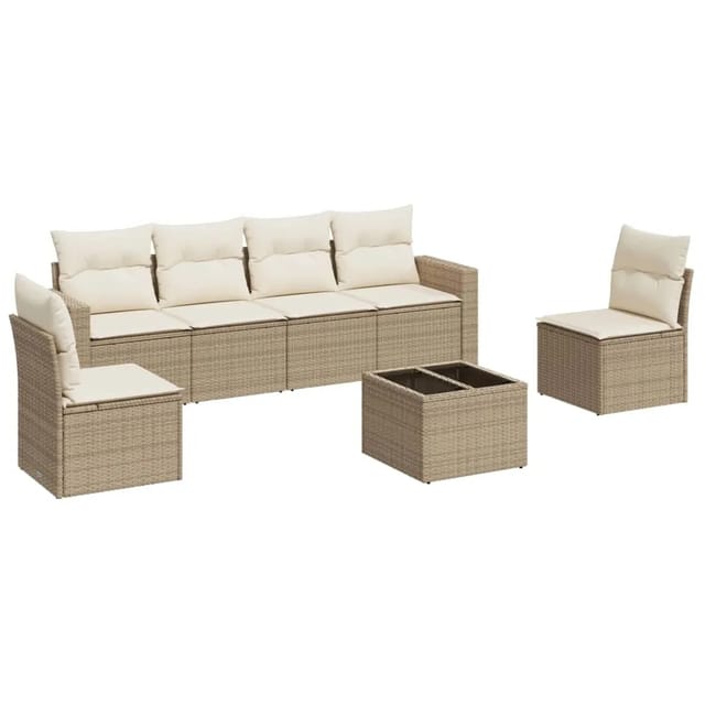 vidaXL 7-Tlg Garten-Sofagarnitur mit Kissen Beige Poly Rattan 3218808