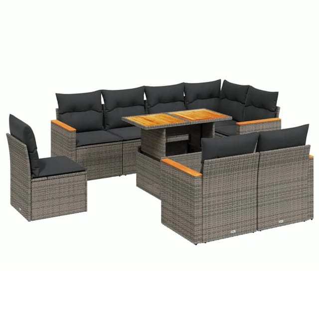vidaXL 9-Tlg Garten-Sofagarnitur mit Kissen Grau Poly Rattan 3273174