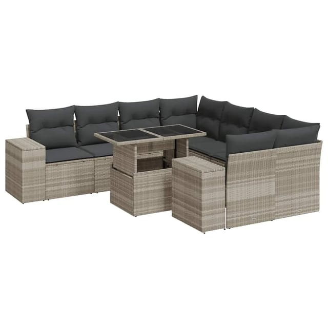 vidaXL 9-Tlg Garten-Sofagarnitur mit Kissen Hellgrau Poly Rattan 3326773