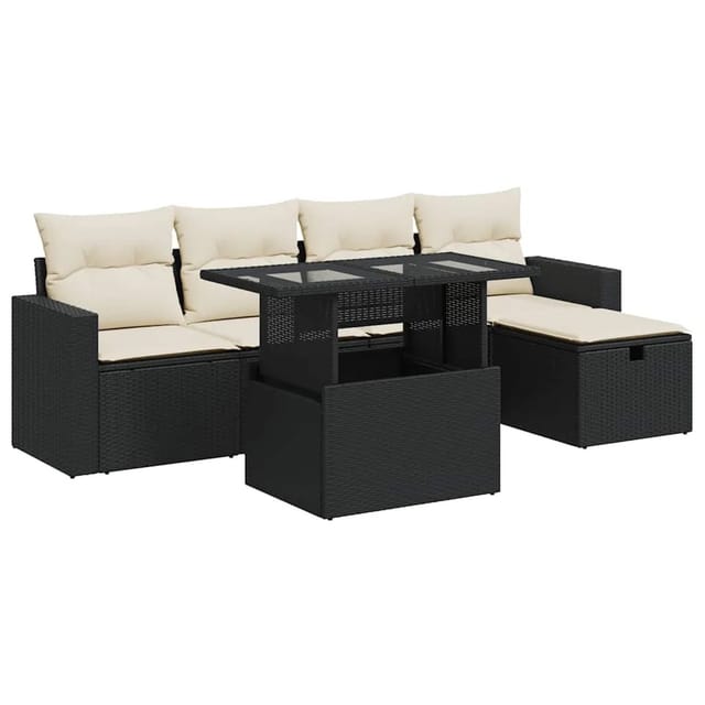 vidaXL 6-Tlg Garten-Sofagarnitur mit Kissen Schwarz Poly Rattan 3327806