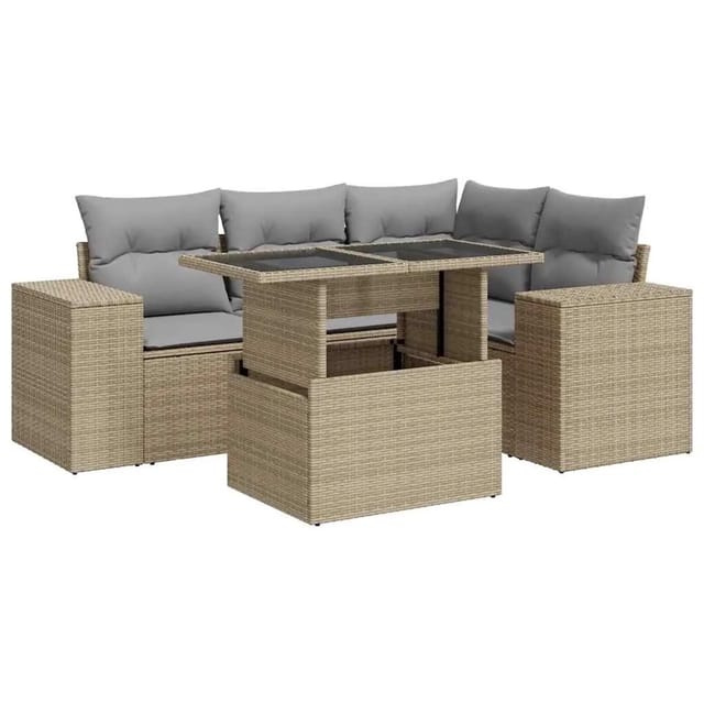 vidaXL 5-Tlg Garten-Sofagarnitur mit Kissen Beige Poly Rattan 3326790