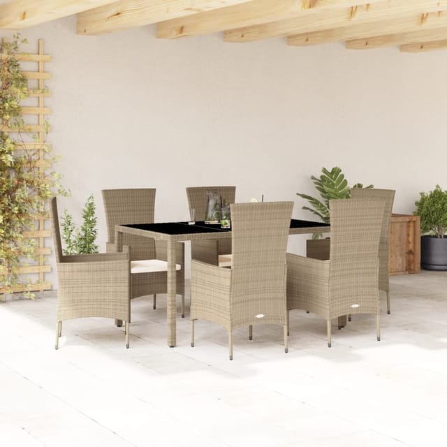 vidaXL 7-Tlg Garten-Essgruppe mit Kissen Beige Poly Rattan 3277572