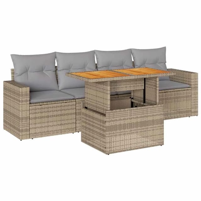 vidaXL 5-Tlg Garten-Sofagarnitur mit Kissen Beige Poly Rattan 3326985