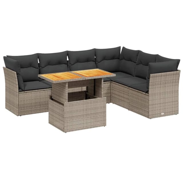 vidaXL 7-Tlg Garten-Sofagarnitur mit Kissen Grau Poly Rattan 3270850