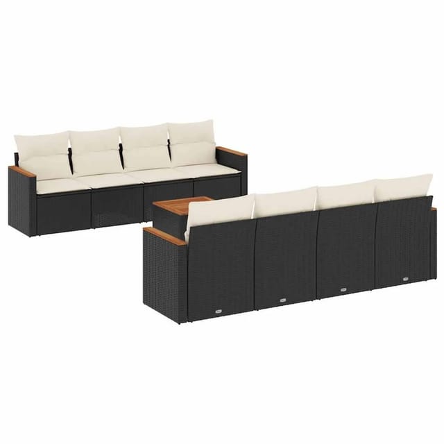 vidaXL 9-Tlg Garten-Sofagarnitur mit Kissen Schwarz Poly Rattan 3258220