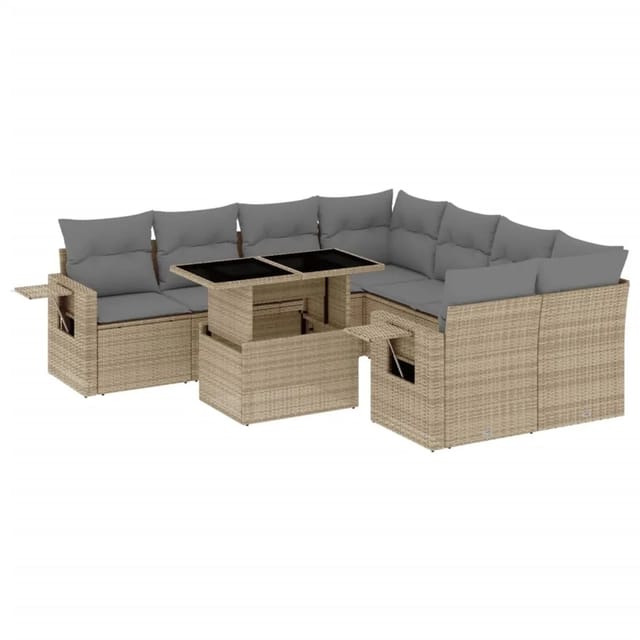 vidaXL 9-Tlg Garten-Sofagarnitur mit Kissen Beige Poly Rattan 3267799