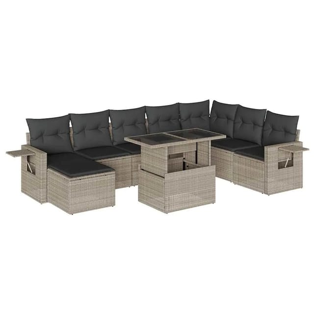 vidaXL 9-Tlg Garten-Sofagarnitur mit Kissen Hellgrau Poly Rattan 3268102