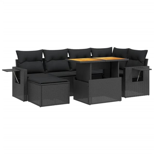 vidaXL 7-Tlg Garten-Sofagarnitur mit Kissen Schwarz Poly Rattan 3275701