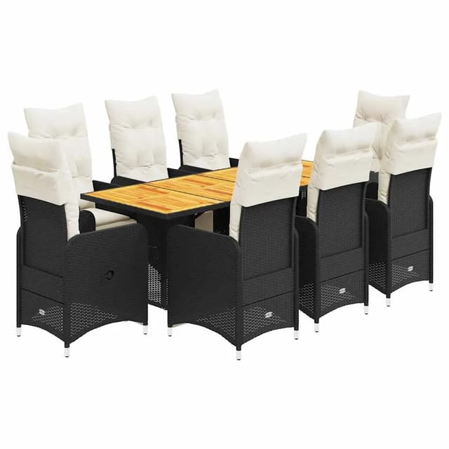 vidaXL 9-Tlg Garten-Bistro-Set mit Kissen Schwarz Poly Rattan 3277134