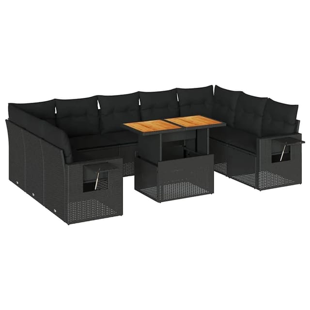 vidaXL 10-Tlg Garten-Sofagarnitur mit Kissen Schwarz Poly Rattan 3327191