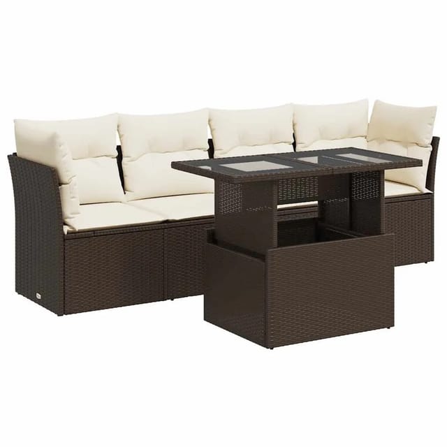 vidaXL 5-Tlg Garten-Sofagarnitur mit Kissen Braun Poly Rattan 3326094
