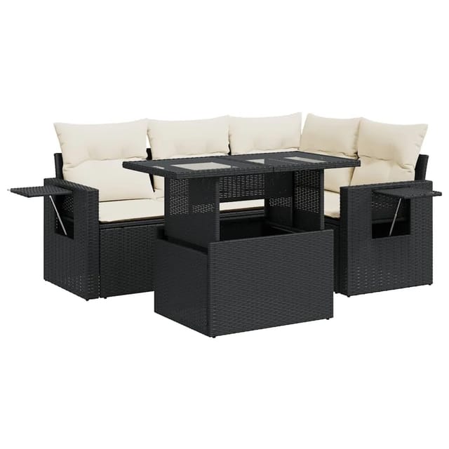 vidaXL 5-Tlg Garten-Sofagarnitur mit Kissen Schwarz Poly Rattan 3326467