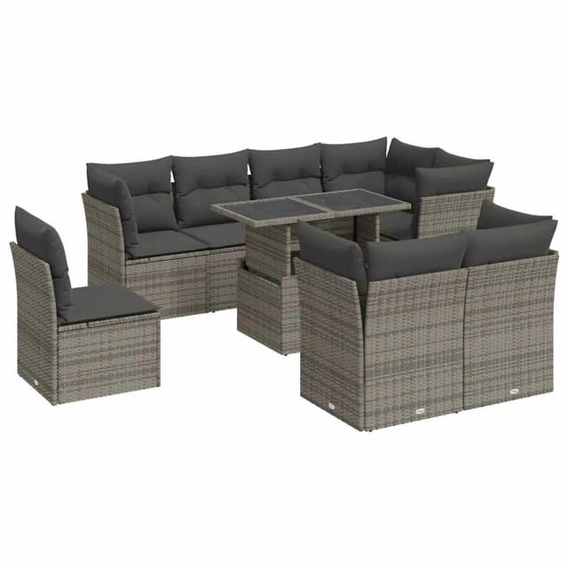 vidaXL 9-Tlg Garten-Sofagarnitur mit Kissen Grau Poly Rattan 3326181
