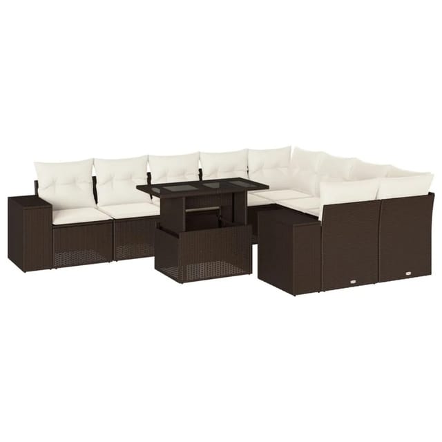 vidaXL 10-Tlg Garten-Sofagarnitur mit Kissen Braun Poly Rattan 3269393