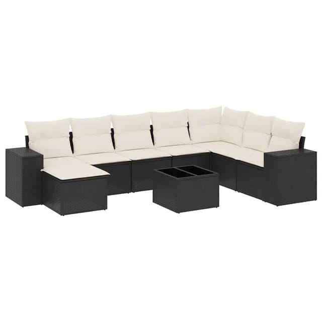 vidaXL 9-Tlg Garten-Sofagarnitur mit Kissen Schwarz Poly Rattan 3255303