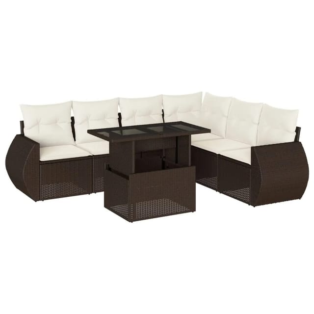 vidaXL 7-Tlg Garten-Sofagarnitur mit Kissen Braun Poly Rattan 3268563