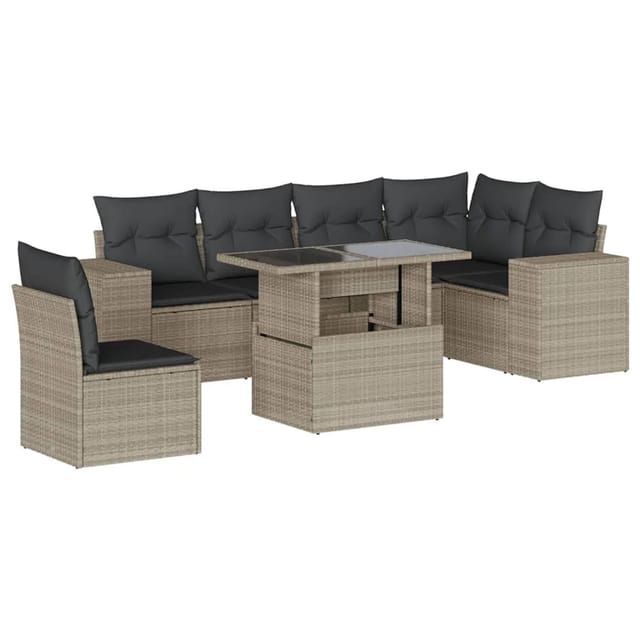 vidaXL 7-Tlg Garten-Sofagarnitur mit Kissen Hellgrau Poly Rattan 3269202