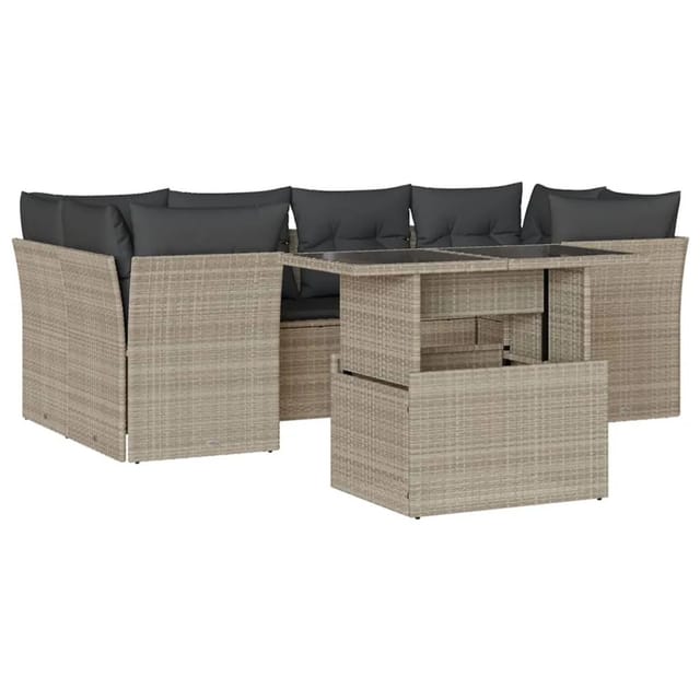 vidaXL 7-Tlg Garten-Sofagarnitur mit Kissen Hellgrau Poly Rattan 3266382
