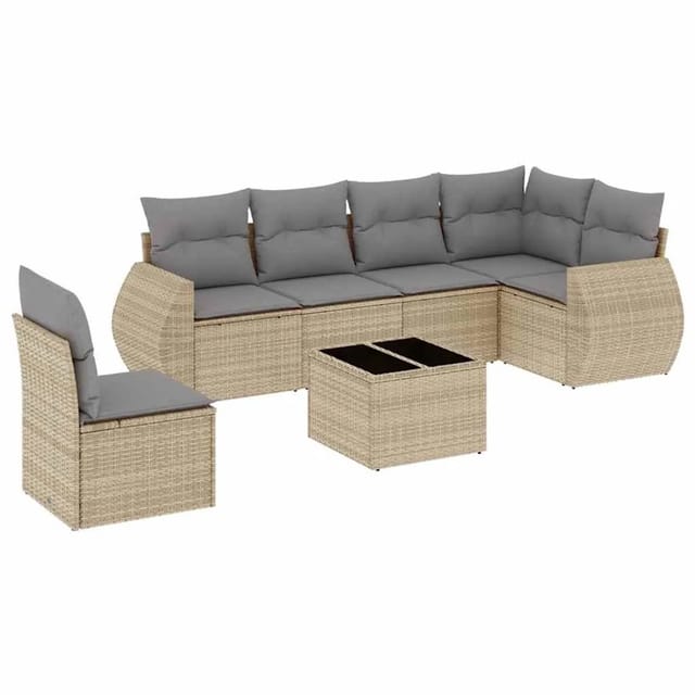 vidaXL 7-Tlg Garten-Sofagarnitur mit Kissen Beige Poly Rattan 3253776