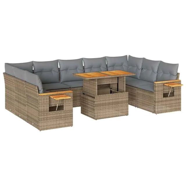 vidaXL 10-Tlg Garten-Sofagarnitur mit Kissen Beige Poly Rattan Akazie 3327643