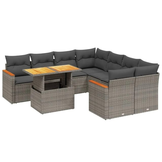vidaXL 9-Tlg Garten-Sofagarnitur mit Kissen Grau Poly Rattan 3273006
