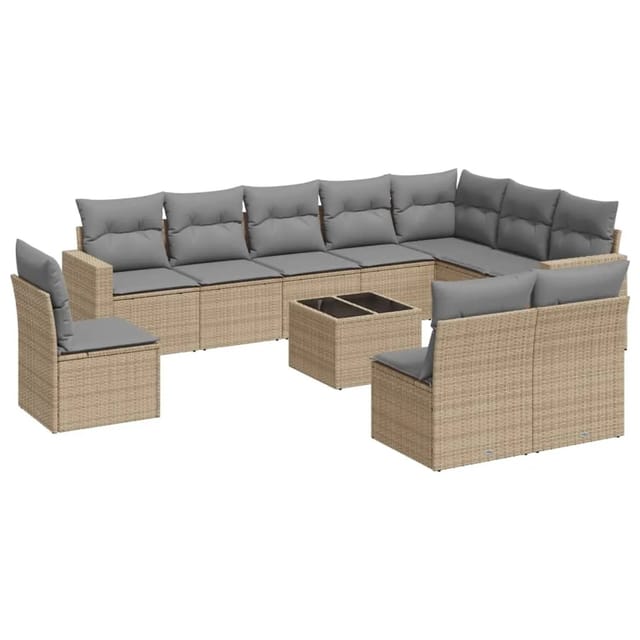 vidaXL 11-Tlg Garten-Sofagarnitur mit Kissen Beige Poly Rattan 3219109