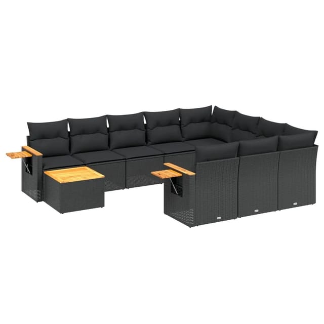 vidaXL 11-Tlg Garten-Sofagarnitur mit Kissen Schwarz Poly Rattan 3227203