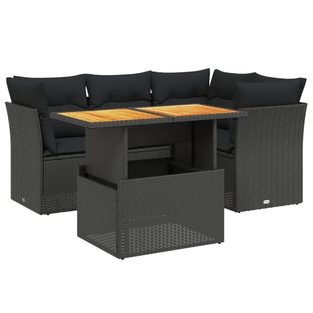 vidaXL 5-Tlg Garten-Sofagarnitur mit Kissen Schwarz Poly Rattan 3270810
