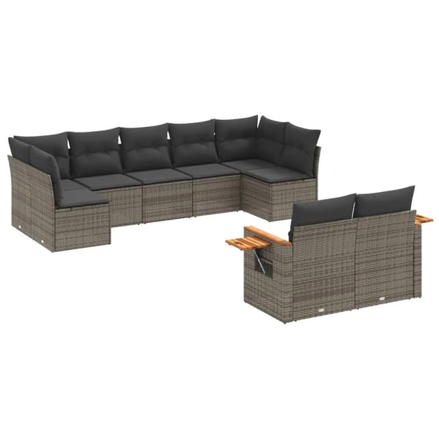 vidaXL 9-Tlg Garten-Sofagarnitur mit Kissen Grau Poly Rattan 3227131