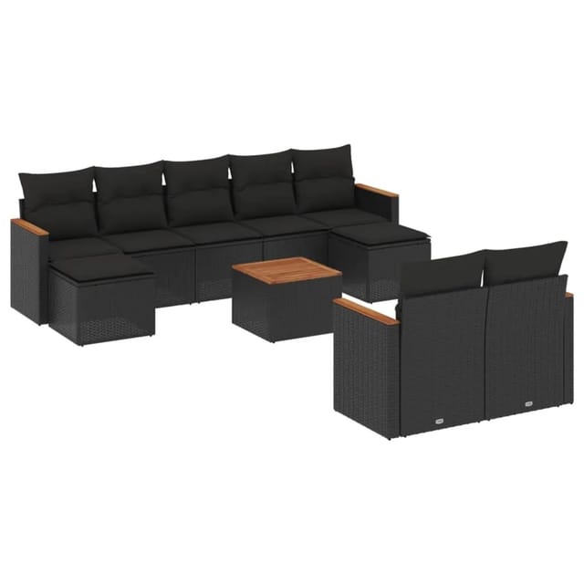 vidaXL 10-Tlg Garten-Sofagarnitur mit Kissen Schwarz Poly Rattan 3226405