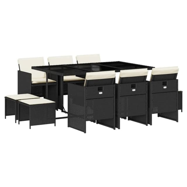vidaXL 11-Tlg Garten-Essgruppe mit Kissen Schwarz Poly Rattan 3210606