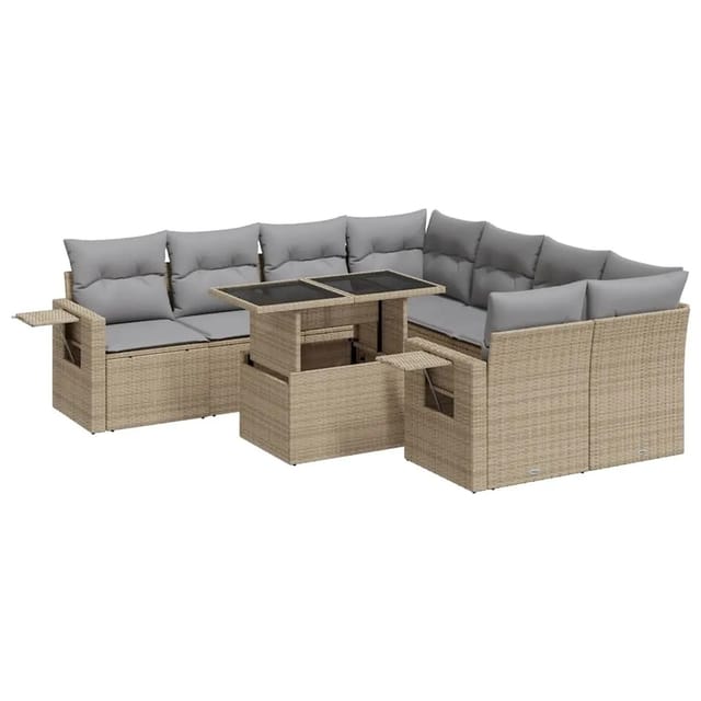 vidaXL 9-Tlg Garten-Sofagarnitur mit Kissen Beige Poly Rattan 3326450