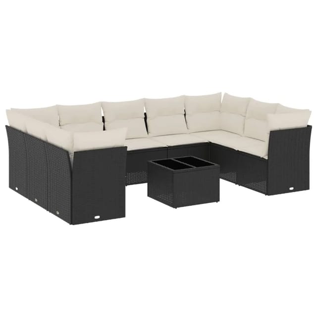 vidaXL 10-Tlg Garten-Sofagarnitur mit Kissen Schwarz Poly Rattan 3249975